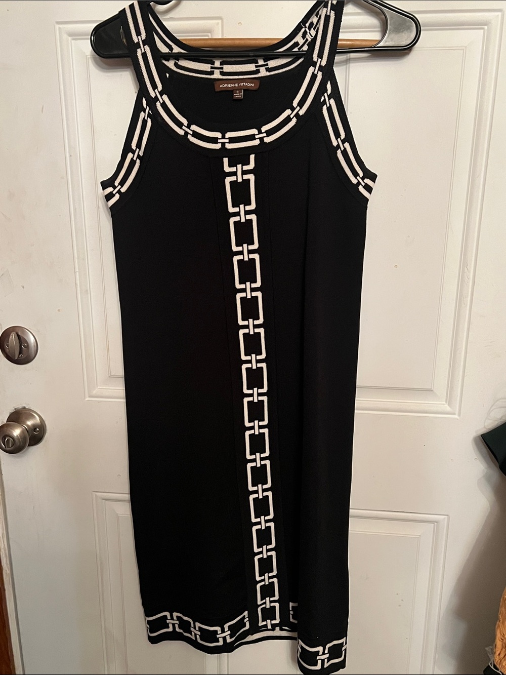 Adrienne Vittadini Black Midi Dress with White Chain Trim